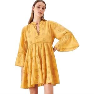 Rapsodia Balear Plain Dress Yellow Marigold Eyelet Bell Sleeve Women's‎ Large